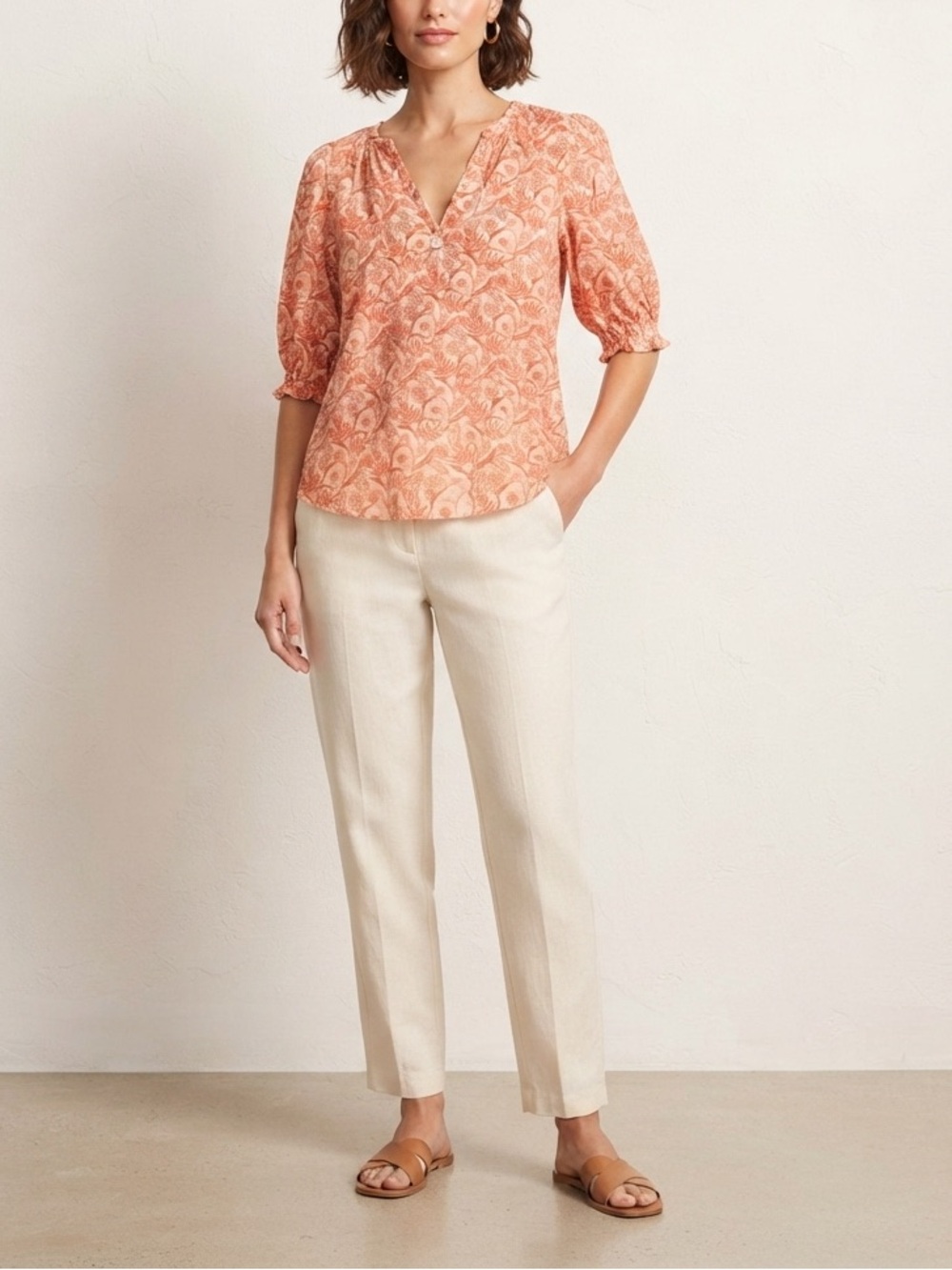🔥$10 FINAL PRICE🔥 Dreamers Coral Floral V-Neck Puff Sleeve Blouse